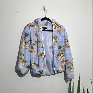 Forever 21 Tropical Floral Bomber Jacket - Light Blue and Yellow